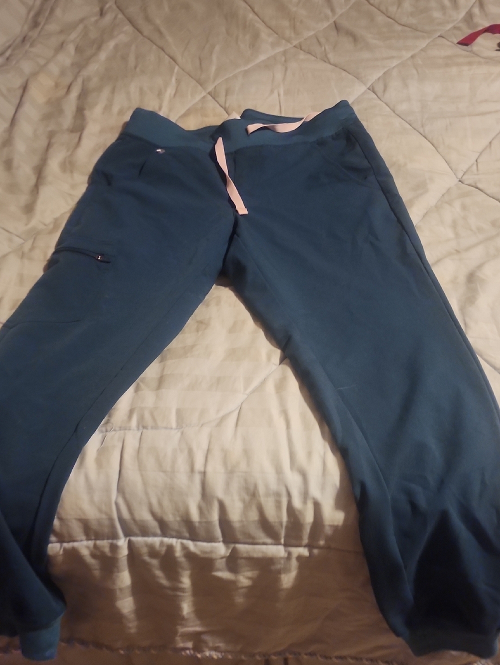 FIGS Teal Scrub Pants with Light Pink Drawstring